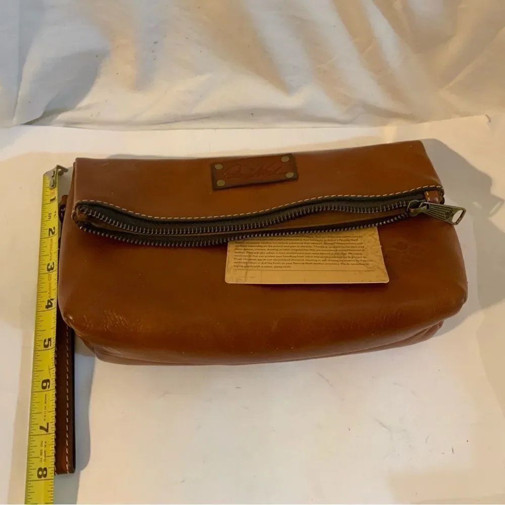 New PATRICIA NASH Fold Over Leather Wristlet Clutch Purse VALERIE TAN 9 1/2 x 5